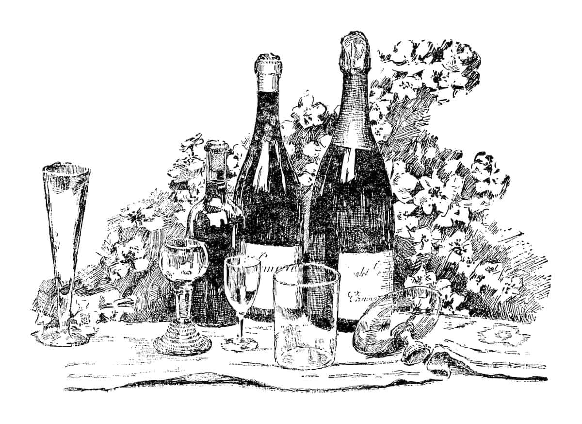 Vintage engraved illustration isolated on white background - Wine bottles and drinking glasses with grape vines