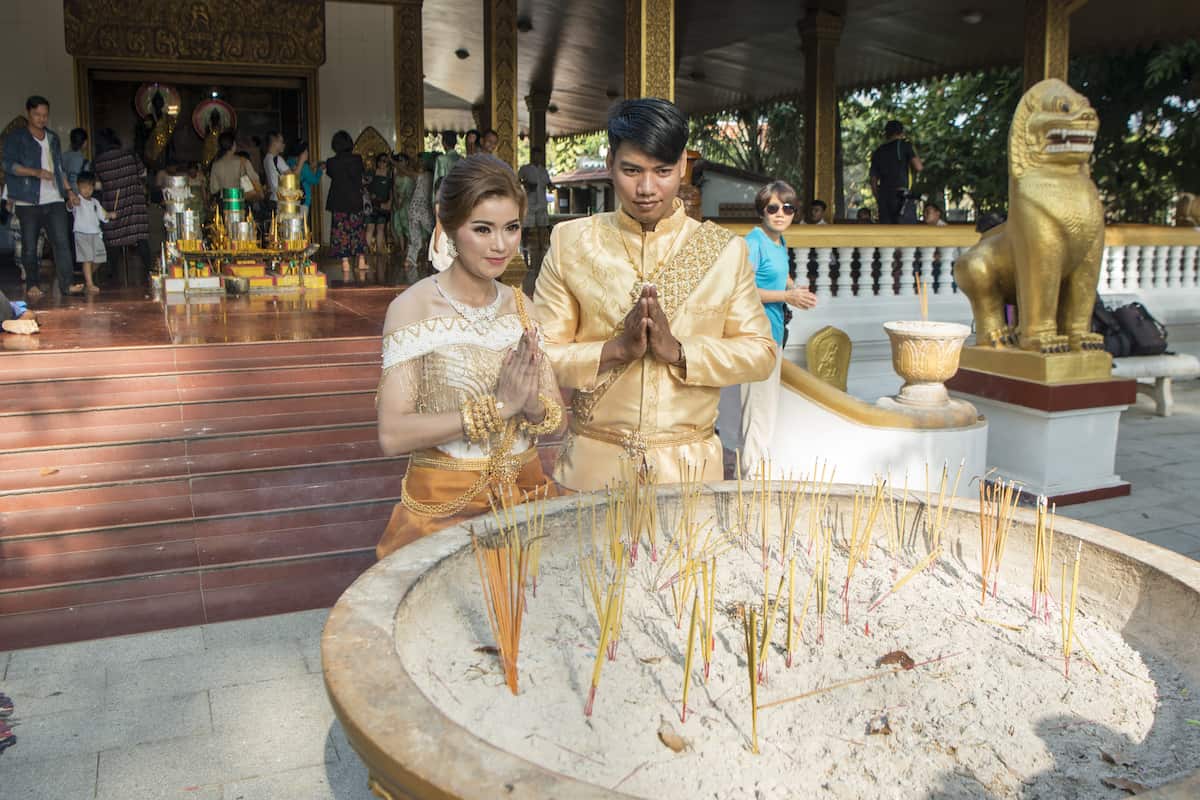 a khmer wedding ceremony at the Preah Angchek or Preah Ang Chorm Shrine in the city of Siem Reap in northwest of Cambodia. Siem Reap, Cambodia, November 2018